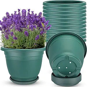 12 Pcs 12'' Plastic Plant Pots Round Planter Pots with Saucer Tray Seedling Pot Hole Seed Resin Plant Pot Starting Nursery Flower Container with Pallet for Garden Outdoor Indoor (Green)