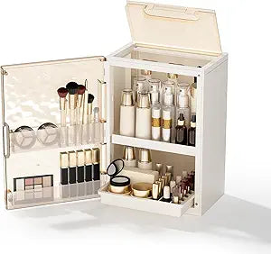 Makeup Organizer with Drawers,Skincare Organizer for Vanity,Large Cosmetic Display Case with Handle,Storage Organizers with Cover and Makeup Brush Holder for Dresser, Bathroom Countertop