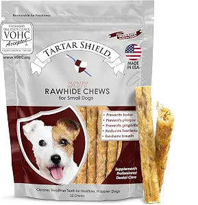Tartar Shield Soft Rawhide Dental Chews for Small Dogs | VOHC Accepted | Reduces Tartar, Controls Plaque & Freshens Breath | Vet Recommended | Bacon Flavor | USA Made | 30 Count