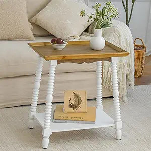 End Table, Narrow Side Table with 2-Tier Storage, Vintage Wood Side Table with Raised Edge Top, Nightstand Accent Table for Living Room, Bedroom, Small Spaces, 22"x15"x23.75", Natural