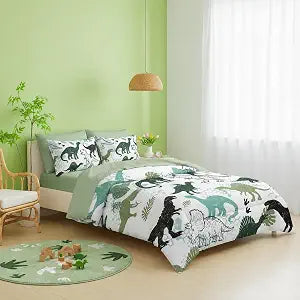 QOOMO Dinosaur 7 Pieces Comforter Set Twin Size,Dinosaurs Bedding Set for Kids Teens Boys-Include 1 Comforter,1 Fitted Sheet,1 Flat Sheet,2 Printing Pillowcases and 2 Light Green Pillowcases