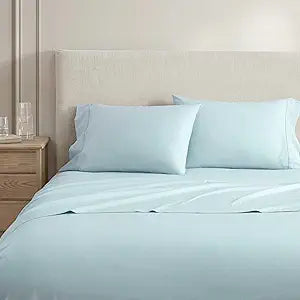 Martha Stewart - Queen Size Sheets Set, Crisp & Tailored Cooling Sheets w/a Naturally Smooth Cotton Percale Lightweight Feel - Matching Pillowcases & Fitted Sheet (Skylands Solid Blue)