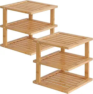 2 Pack Bamboo Corner Shelf,3 Tier Kitchen Cabinet Organizer for Plates and Dishes,Pantry Storage and Spice RackNatural