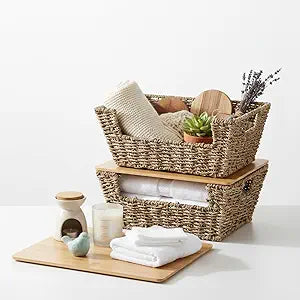 LemonRoad 2 Pack Large Seagrass Storage Baskets with Bamboo Lid for Pantry Organizer and Storage, Stackable Woven Wicker Baskets Bin for Shelves Bedroom Living Room,13.5''W x 10.8''D x 5''H