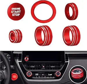for Toyota Corolla 2023 2024 2025 2026 Air Conditioner, Mirror Knob Cover, Push Start Button Trim, Volume Knob Cover, Corolla Interior Trim (6pcs) (red)