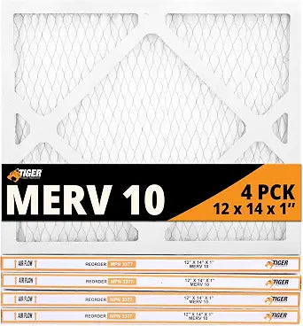 Tiger Tough MERV 10 Air Filters, 12x14x1 MPR 1000 Pleated HVAC AC Furnace Filter Replacement for Home, Pack of 4