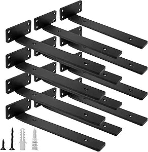 HITOMEN Heavy Duty Floating Shelf Brackets, 10-Inch (1/5'' Thick) Hidden Shelves Hardware, Iron L Brackets, Rustic Industrial Black Metal Wall Shelving Supports, 12 Pack