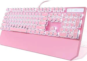 Camiysn Typewriter Style Mechanical Gaming Keyboard, Pink Retro Punk Gaming Keyboard with White Backlit, 104 Keys Blue Switch Wired Cute Keyboards, Round Keycaps for Windows/Mac/PC
