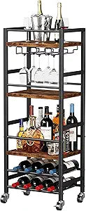 Homeiju Small Bar Cart with 5-Tier Shelf, Mobile Kitchen Shelf with Wine Rack and Glass Holder, Mini Bar Cart for Small Spaces, Rustic Brown