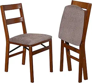 Stakmore Slat Back Wooden Folding Chairs with Padded Seats, Set of 2 - No Assembly Foldable Dining Chairs, Steel Folding Mechanism, Upholstered Cushion, Space-Saving, Fruitwood Frame