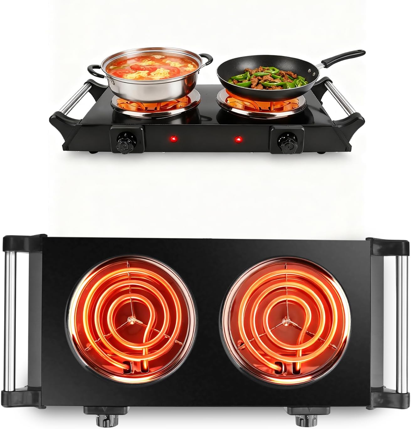 Double Hot Plate, 2000W Portable Countertop Burner & Electric Stove, 5-Level Temp, Portable Handle, Cast Iron Double Burner Cooktop for Home/RV/Camping (Black)