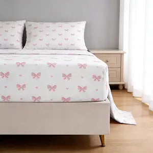 Pink Bow Sheet Set Full Size Heart Striped Fitted Sheet Set for Girls Kids Soft Microfiber Fitted Flat Sheets & Pillowcases - Princess Style Bowknot Stripes Bedding Sets 4 Pieces Cute Sweet Bed Set