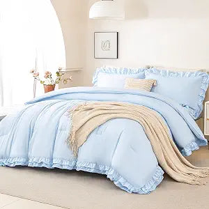 PERFEMET Queen Ruffle Comforter Light Blue, 5 Pieces Double Layer Ruffled Comforter Set Shabby Chic Bedding, Fluffy All-Season Bed in A Bag for Women Wife (Blue, Queen)