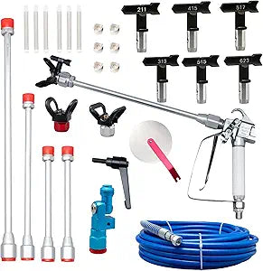 Airless Paint Sprayer Gun Kit, 3600PSI Airless Spray Gun with 50Ft High Pressure Hose & 6Pcs Reversible Spray Tips & 4Pcs Extension Rod & 6Pcs Filters & Guide Tool & Nozzle Seat