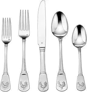Cuisinart CFE-01-FR20 20-Piece Stainless Steel Flatware Set French Rooster Pattern, Heavy-Gauge Handcrafted Silverware, Dishwasher Safe