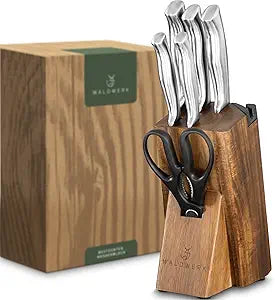 WALDWERK Knife Set - 7pcs Kitchen Knife Set with Block and Integrated Sharpener - Kitchen Knife Set - Knife Block Set - Kitchen Knifes - Knives Set for Kitchen - Knife Block - Knife Set with Block