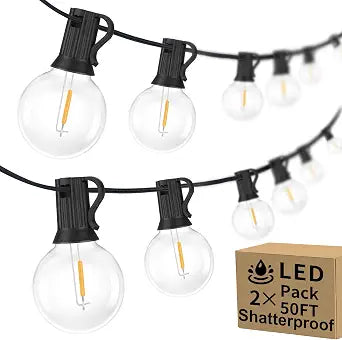 100ft 2-Pack Outdoor String Lights, G40 LED Globe Waterproof Patio Lights