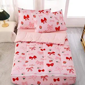 A Nice Night Zipper Bedding for Girls Chic Bow Comforter Set,Strawberry Printed Cute Ribbon Bowknot Kids Bedding Set,Twin Size
