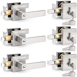 Probrico Satin Nickel Square Entry Levers Locksets and Double Cylinder Deadbolts Combination Set, Heavy Duty Front Door Office Entrance Levers, 3 Pack Keyed Alike(All Same Keys)