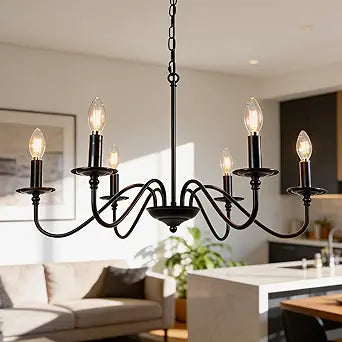 Black Chandelier, 6-Light Farmhouse Candle Chandelier 29'', Rustic Industrial Hanging Light Fixture for Dining Room, Kitchen Island, Living Room, Entryway, Bedroom, Foyer