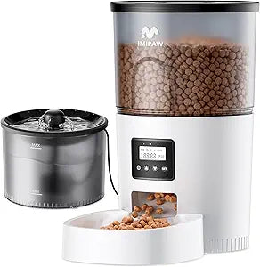 IMIPAW Automatic Cat Feeder and Water Fountain, Timed Dry Food Dispenser, Programmable Portion Control, 1-6 Meals Per Day, Desiccant Bag, Cat Fountains for Drinking with Filter, Small Pets (3L Combo)