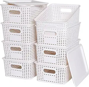Plastic Storage Baskets with Lid-Plastic Storage Containers Stackable Storage bins: Storage Baskets for Organizing Shelves Drawers Desktop Closet Playroom Classroom Office,8 Pack-White10.2x7.2x4.1Inch