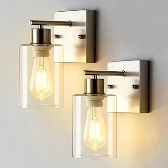 2-Pack Bathroom Wall Sconces, Brushed Nickel Vanity Lights, Modern Wall Light Fixture with Clear Glass Shade, Farmhouse Wall-Mount Lighting Lanterns, Wall Lamps for Mirror Living Room Bedroom Kitchen