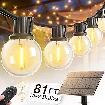 addlon 81FT(75+6) Solar String Lights Outdoor with 1FT Bulb Spacing, 75+2 Commercial G40 LED Bulbs, Solar & USB Charging, Remote, Timable, Dimmable Waterproof Patio Lights for Balcony, Porch, Yard