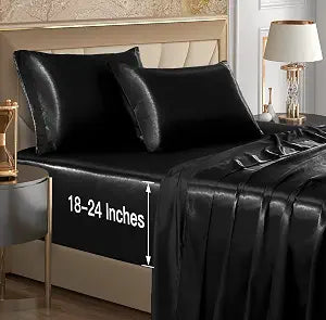 VACVELT King Black Extra Deep Pocket Satin Sheet Set, 4-Piece