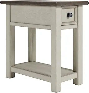 Signature Design by Ashley Bolanburg Chairside End Table With Charging Station, Two-Tone Wood Accent Table With Drawer Storage, Plank Top Design for Living Room or Bedroom, Antique White