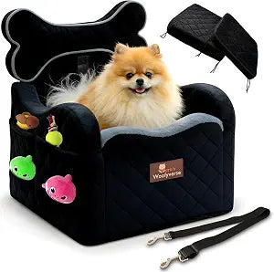 Yaras Woofyverse Dog Car Booster Seat, Small & Medium Dogs, Midnight Ash | Fur-Lined Headrest, Adjustable Cushions, 6-Pocket Storage, Machine-Washable Cover, Portable Pet Car Seat Front/Back Travel