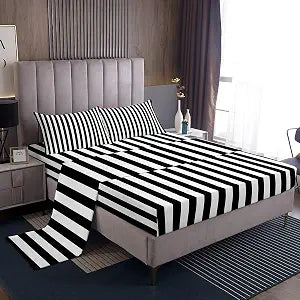 Feelyou Black White Striped Bed Sheets Set King Size Striped Bed Set Basic Simple Deep Pocket Fitted Sheet Geometric Breathable Soft Lightweight Microfiber