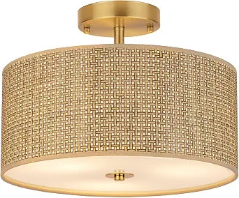 13" Woven Rattan Boho Ceiling Light Fixture, 3-Light Modern Semi Flush Mount Lamp with Drum Fabric Shade, Rustic Brown Lighting for Bedroom, Dining Room, Living Room, Hallway, Entryway