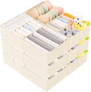 Criusia 15 Pack Drawer Organizer for Clothes, Foldable Dresser Dividers with 3 Sizes, Fabric Storage Bins Beige