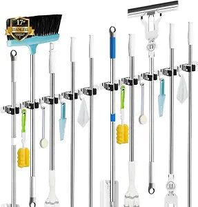 2 Pack Broom Holder Wall Mount, 5 Racks 4 Hooks Mop and Broom Organizer