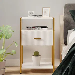 JOONEE Modern Nightstand, White and Gold Side Table with Drawer, Fluted Bedside Table with 3 Storage Shelves for Living Room, Bedroom