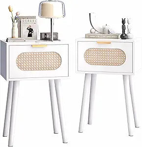 Nightstands Set of 2, Bedside Table with Rattan Door, Boho End Table with Solid Wood Legs for Bedroom, Living Room, Small Space Nightstands, White Color, HNS001W