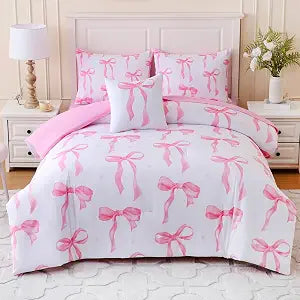 Twin Size Comforter Sets Bed in a Bag for Girls,6 Pieces Pink Bow Comforter Set with Sheets,Bow Twin Size Bedding Sets for Kids