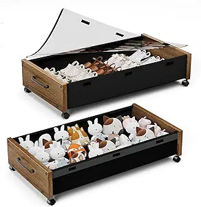 Under Bed Storage with Wheels, Underbed Shoe Storage Containers, Under the Bed Storage Drawers with Lid, Wooden Rolling Blankets Clothes Storage Metal Drawer for Bedroom Dorms Room (Walnut 2pack)