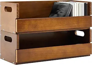 CroBlissful 2 Set Wooden CD Storage Box, Father's Gift for Dad, Cassette Tape Display Racks with Carrying Handles, Shelf for Movie Cases, DVDs, Each Set Store up to 36 Pcs CDs (Brown)