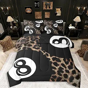 Y2K Lucky 8 Ball Bedding Sets,Trendy Cheetah Print Twin Size Comforter Set 7 Piece Bed In A Bag for Kids Girls Men Women Preppy Fashion Leopard Comforter and Sheets Black Brown Bed Set Aesthetic