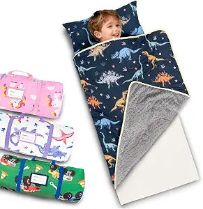 Primlect Toddler Thickened Foam Nap Mat with Pillow, Extra Large 55"x35", Soft, Supportive Sleeping Bag with Detachable, Washable Cover, for Sleepover, Home, Travel, Boys and Girls