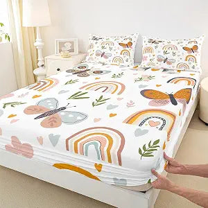 Boho Rainbow Fitted Sheet Twin Size Cute Butterfly Bedding Set 2pcs for Kids Girls Boys Adult Room Decor Cartoon Love Heart Palm Leaves Bed Sheet Animals Botanical Deep Pocket Sheet,1 Pillowcase