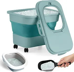 Juexica Collapsible Cat Litter Storage Bin Container with Rolling Casters, 20 Lbs Portable Cat Litter Storage Container with Airtight Lids, Shovel, Kitchen Cereal Rice Leakproof Sealable(Green)