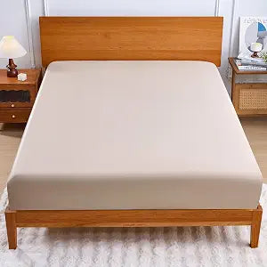 YIYEA 100% Viscose Derived from Bamboo Fitted Sheet Only, 600 Thread Count, Cooling Fitted Bottom Sheet for Hot Sleepers, 16" Deep Pocket, Silky Soft, Breathable, Queen, Beige