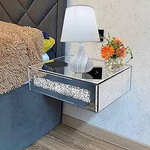Mirrored Floating Bedside Nightstand with Drawer, Wall Mounted Silver Glass Crystal Diamond Bling Decoration Organizer for Bedroom, Living Room, Small Space, 14.5"11.5"4.5"