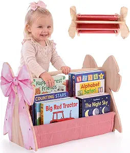 Mifoci Pink Bow Wood Kids Bookshelf 4 Tier Deep Fabric Sleeves