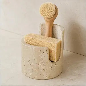 Natural Travertine Sponge Holder for Kitchen Sink Solid Stone Cylinder Sponge Caddy with Dual-Height Cut-Out, Compact Countertop Sink Organizer & Modern Home Dcor