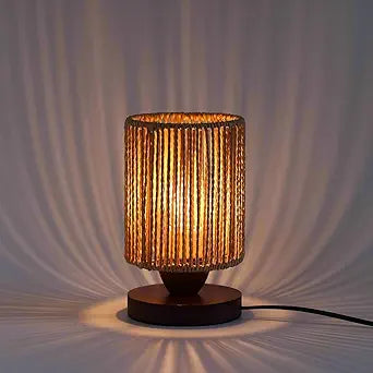 Small Rattan Table Lamp for Bedroom, Boho Bedside Lamp with Warm LED Bulb, Handwoven Wicker Nightstand Lamp for Nursery, Entryway & Dorm, Mini Ambient Night Light with Wood Base (8.6" Tall)