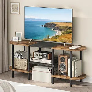 YATINEY TV Stand with Power Outlets, Entertainment Center, for TVs up to 50", TV Console Table with Open Storage Shelves, TV Stands for Living Room, Bedroom, Rustic Brown and Black DS13UBR